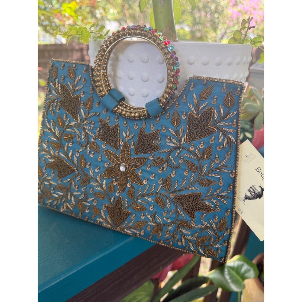 Beaded Turquoise evening bag with multicolor rhinestone handle